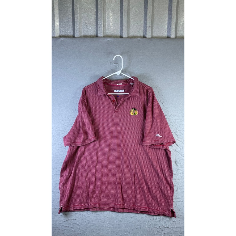 Tommy Bahama Polo Shirt Mens XXL Red Excellent Chicago Blackhawks NHL Striped